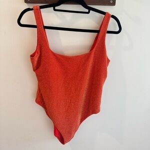 Aerie Sparkle Babewatch One Piece Metallic Swimsuit in Heart Orange Red XL